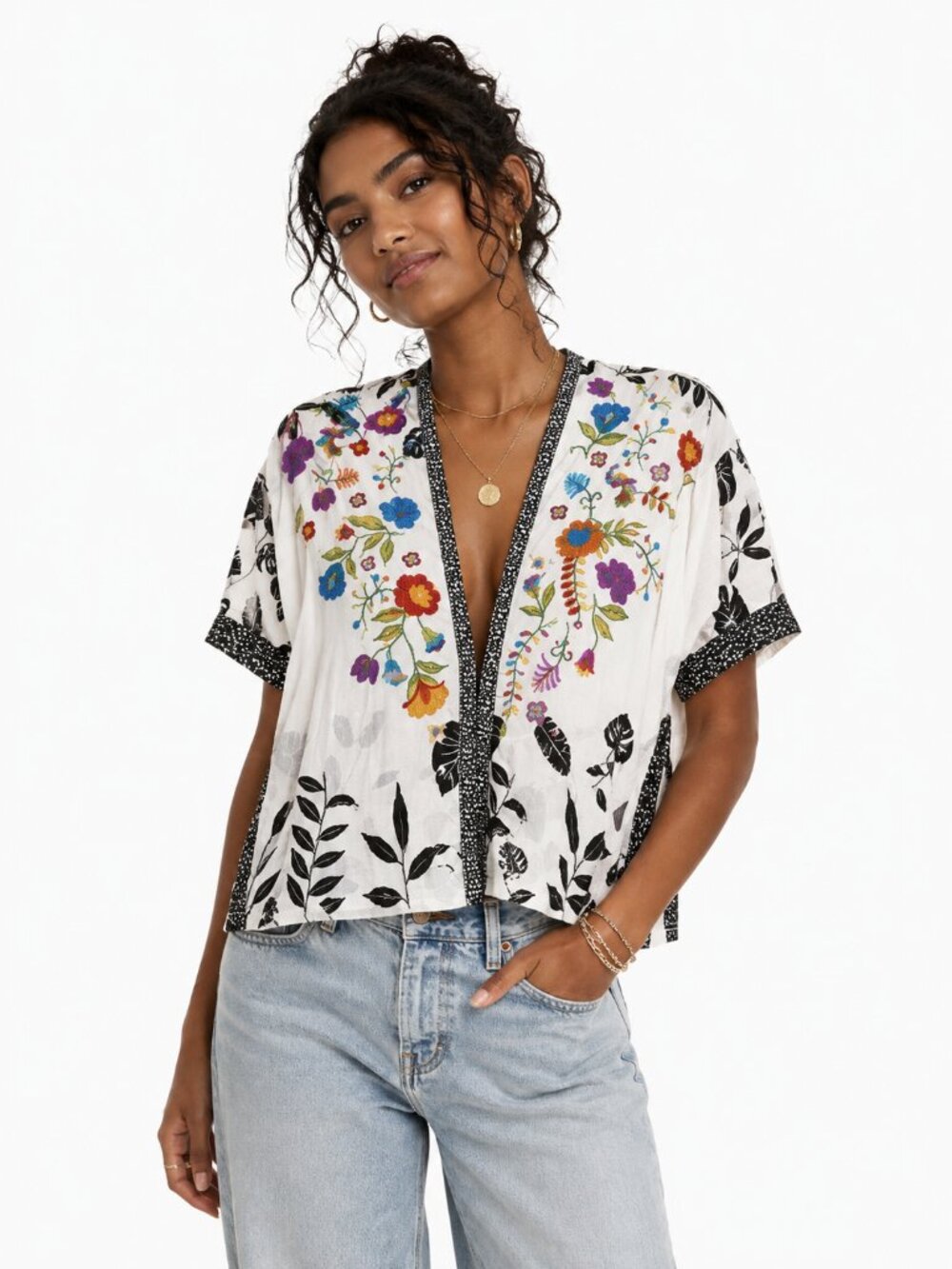 John Mark Wearable Art Embroidered Kimono Top Boho Floral Open Front